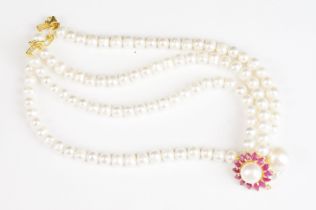 Fresh Water Pearl Necklace with Ruby Clasp