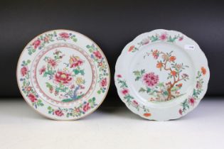 Two 18th century Chinese Famille Rose celadon glazed plates, both with enamel floral decoration,