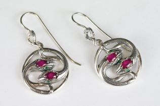 Pair of Silver and Ruby Snake Earrings