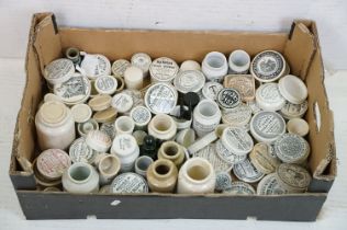 Collection of Victorian and early 20th Century pharmacy / apothecary pot lids and bottles. The lot