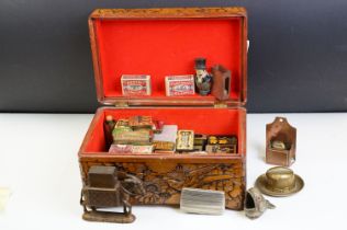 A box of mixed collectables to include matchboxes, ashtray, lighters, match striker, vestas,