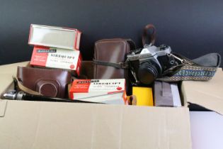 Assorted cameras and collectables to include Pentax K1000 film camera, Paxette Prontor-svs camera,