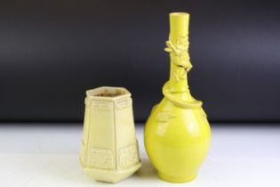 Chinese famille jaune dragon bottle vase with raised detailing (a/f) together with a hexagonal