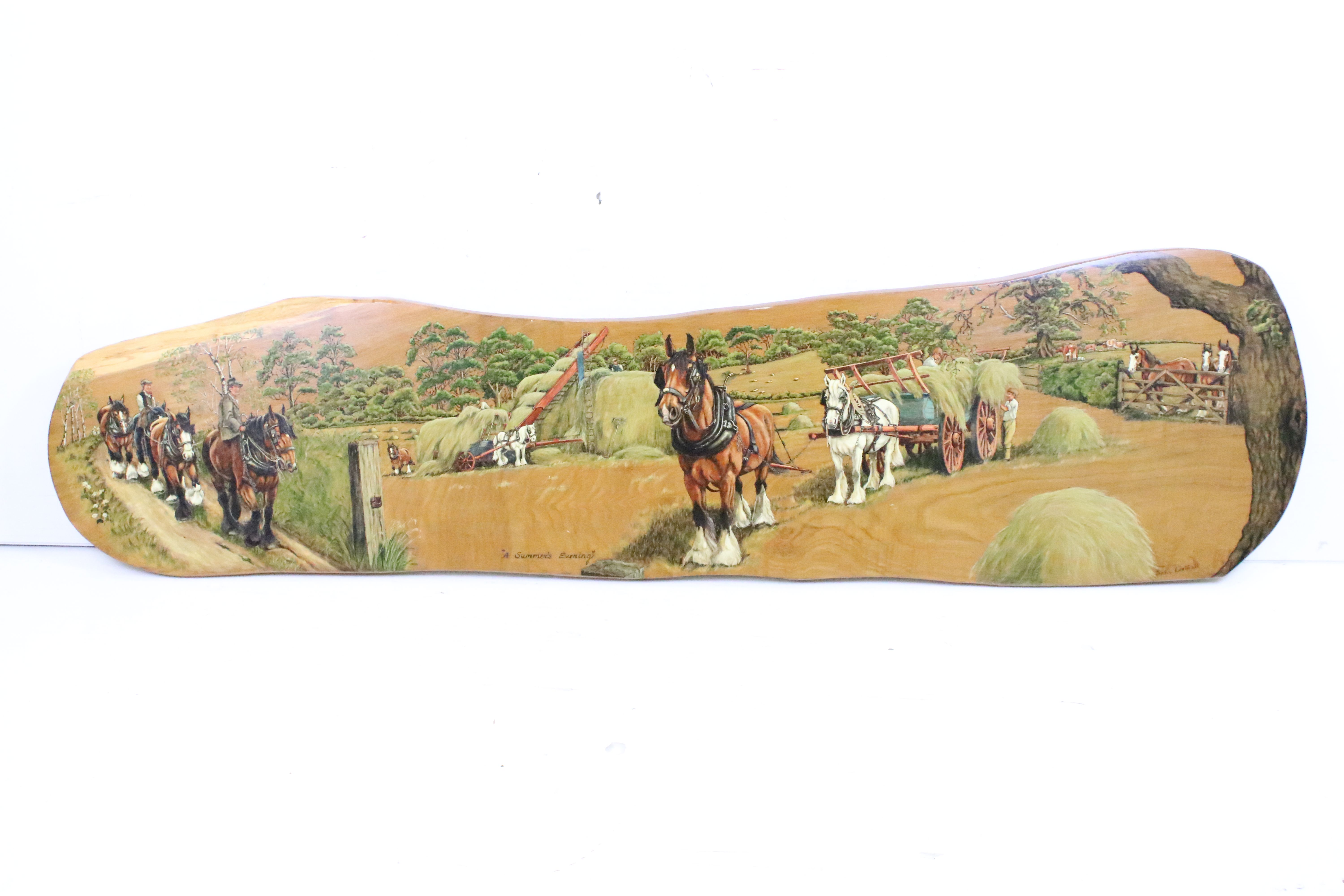 Large pine panel with painted scene titled "A Summer's Evening", depicting shire horses & hay carts,