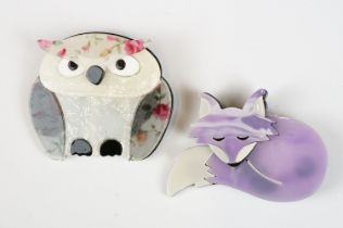 Two Lea Stein style Brooches in the form of an Owl and a Fox