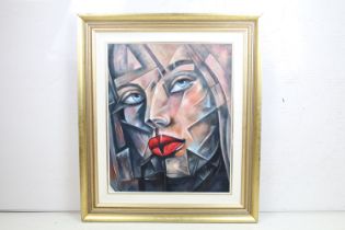 Studio Framed Cubist Oil Painting Portrait of a Beautiful Young Woman, 59.5cm x 49cm