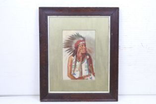 Oil Painting Portrait of a Native American Indian Chief, 28.5cm x 18.5cm, framed and glazed