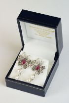 Pair of Silver and Ruby Butterfly Earrings with pearl drops