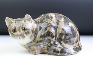 Winstanley Pottery seated tabby cat, size 5, with glass eyes, signed to base, approx 14cm high