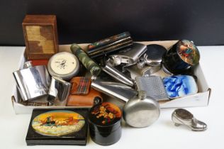 A collection of mixed hip flasks to include pewter and steel examples together with a selection of