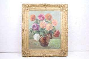 Will Lucas, still life jug of chrysanthemums, oil on canvas,58.5 x 48.5cm, gilt framed