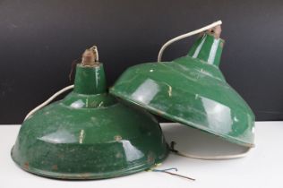 Pair of retro green enamel industrial ceiling lights, approx 35cm diameter