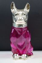 Pink Glass Decanter in the form of a Dog with Silver Plated mounts