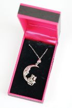 Silver Half Moon Cat Pendant Necklace