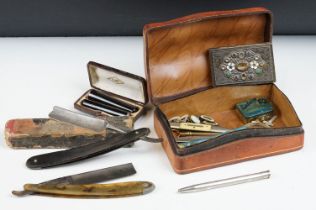 Antique leather box with contents including two cased cheroot holders, lorgnettes, Gramophone