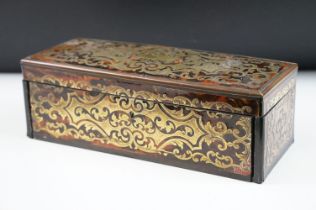 19th Century French boulle work tortoise shell glove box having a hinged lid with fold down