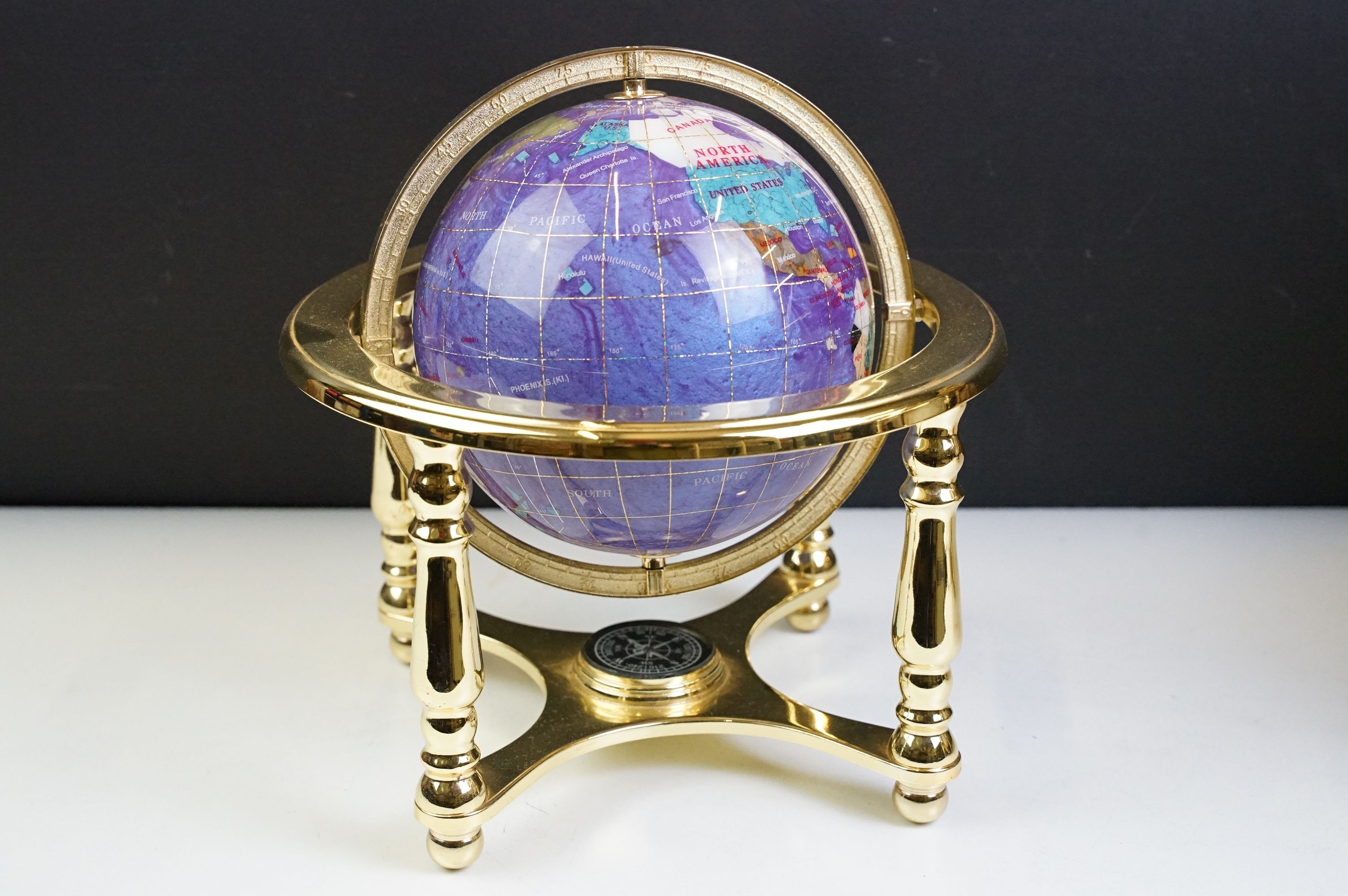 Two gemstone globes on brass stands, with built-in compasses to base, tallest approx 31cm high - Image 7 of 10