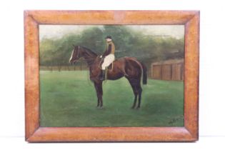 F. Bye, Oil on Canvas Early 20th century Equine Study of a Horse and Jockey, Maple Framed, 35cm x