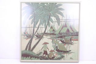 Thai screen print depicting stilted houses, boats & palm trees, approx 90cm x 90cm, framed & glazed