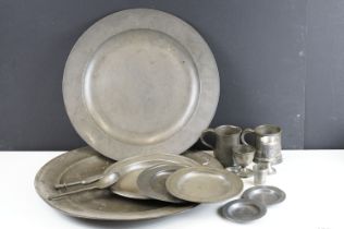 Collection of 18th Century and later pewter to include two small plates B&P London, 1/ pint tankards