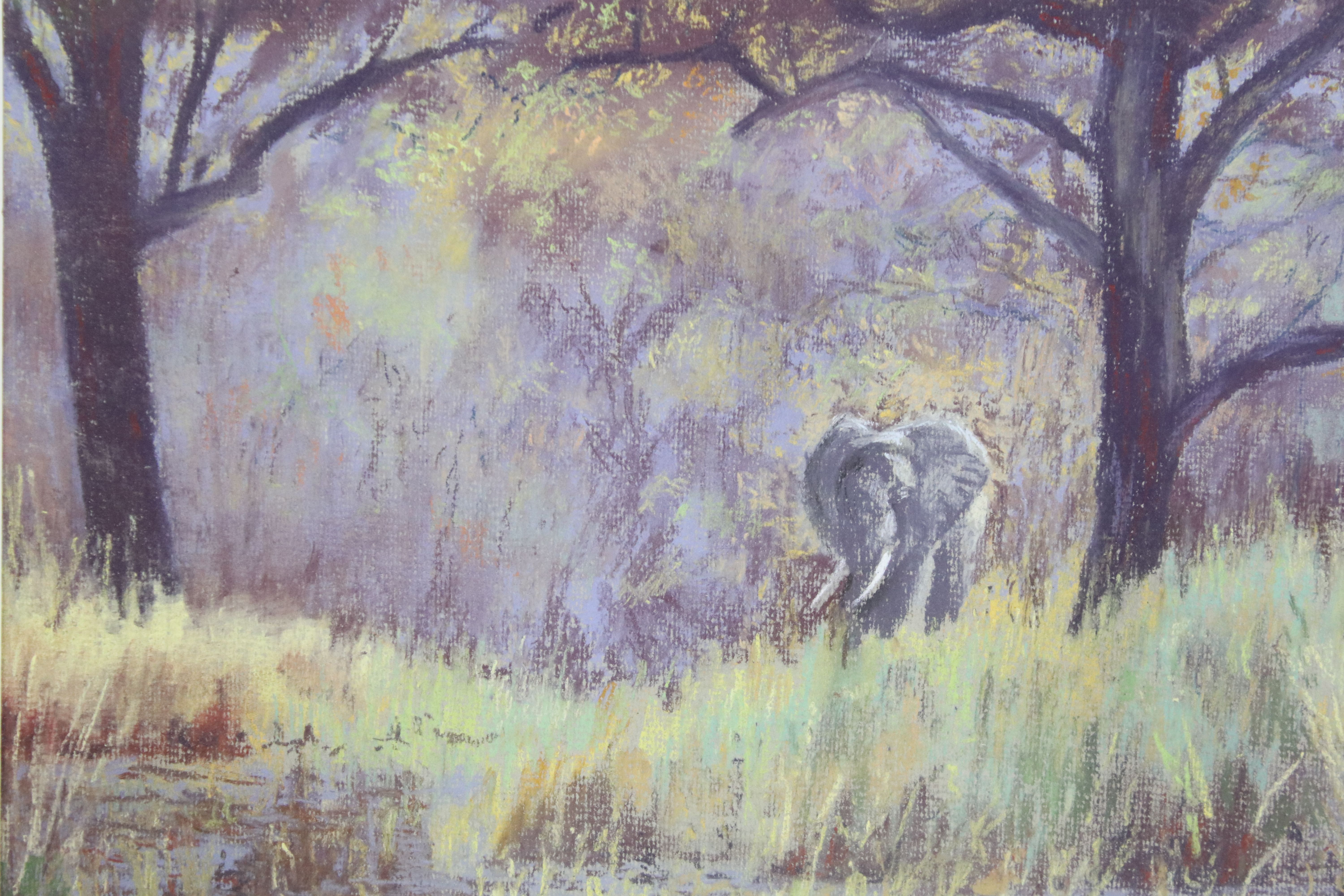 Roderick Grant, Pastel Wildlife Study with Elephant titled on verso ' Chance encounter Zambia ', - Image 2 of 3