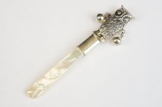 Silver Owl shaped Babies Rattle with Mother of Pearl handle