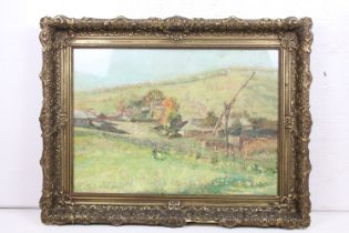 19th / Early 20th century Oil on Board, an extensive hilly landscape with farmhouse, figures and