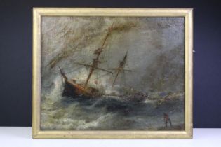 19th century English School, nautical scene - ship in a stormy sea with figure on the shore, oil