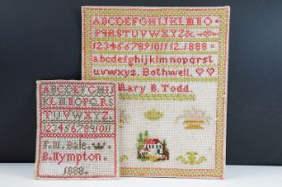 Two Victorian needlework samplers, the largest with alphabet, numbers, flowers & house. (Both