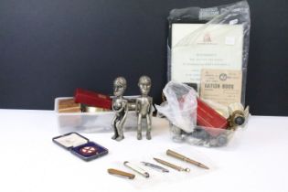 A box of mixed collectables to include military interest, badges, opera glasses, medals, pocket