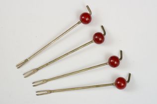 Set of Four Art Deco Cocktail Sticks with Cherry Bakelite Finials