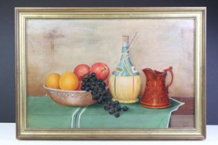 J. Smith, still life with a bowl of fruit, Chianti bottle and jug, oil on canvas, 28.5 x 44.5cm,