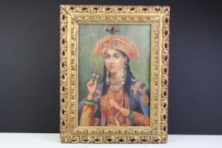 Pierced Gilt Framed Oil Painting Portrait of a Mughal Princess, 26.5cm x 18.5cm