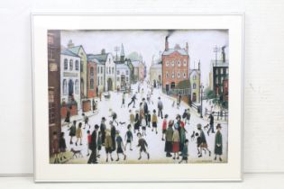 After L S Lowry, a gallery framed print titled ' A Village Square ', label on verso, 45cm x 59.