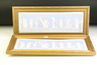 Pair of 19th century dip blue rectangular wall plaques, in the manner of Wedgwood, depicting