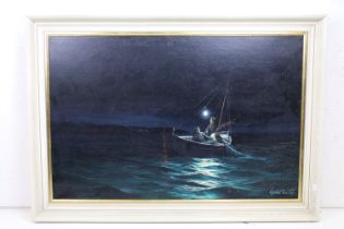 Keith English (1935 - 2016), fishing boat at night, oil on canvas, signed lower right, 59 x 89.