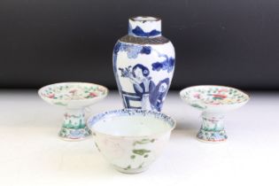 Group of 19th Century Chinese ceramics to include a blue and white baluster vase with garden