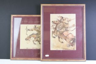 Two Watercolours of Mughal Soldiers on Horseback, each 26 x 18cm, both framed and glazed