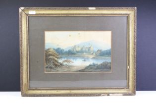 English School, view of the River Wye and Tintern Abbey, watercolour, label verso for Hudson & Co