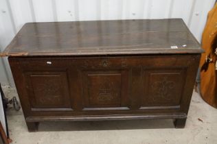 Antique Oak Coffer, the front frieze carved with the initials S B and each of the three front panels