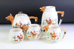 PPC Hunting Scene porcelain tea ware with moulded decoration, to include teapot, water jug and 2 x