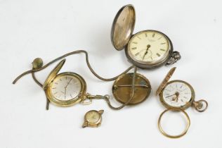 A small collection of watches to include a silver cased examples together with a vintage brooch.