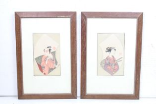 Ippitsusai Buncho (1725-1794) Pair of Japanese Woodblock depicting a Man and Woman Yakusha Actors,