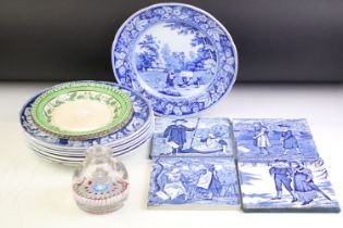 Eight 19th century blue & white plates (featuring Spode Turner & The Benevolent Cottagers), together