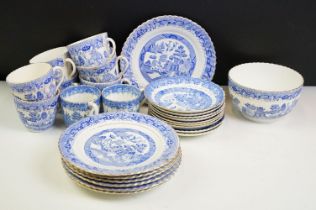 19th Century Victorian willow pattern part tea set having blue and white transfer printed details,