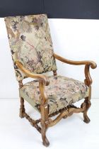 19th century Open Armchair with needlework upholstered back and seat, scrolling carved arms, legs