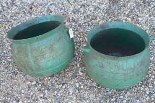 Pair of green painted cast iron hanging cauldrons, diameter approx 45cm