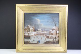 Continental School, village skating scene, watercolour, 23.5 x 26cm, gilt framed