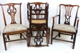 Set of Three George III Mahogany style Dining Chairs with pierced carved splats and drop-in floral