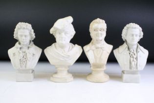 Four ceramic & composition bust figures depicting composers, to include Schubert, Beethoven,